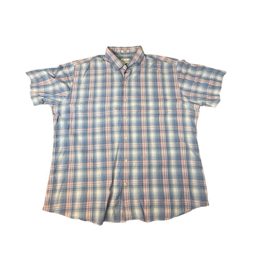 Peter Millar Men's Button Front Casual Shirt XL Blue Plaid Linen/Cotton